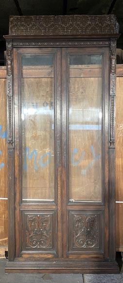Monumental Napoleon III Carved Oak Glazed Double Door - Renaissance Style Monumental Napoleon III Carved Oak Glazed Double Door - Renaissance Style-1