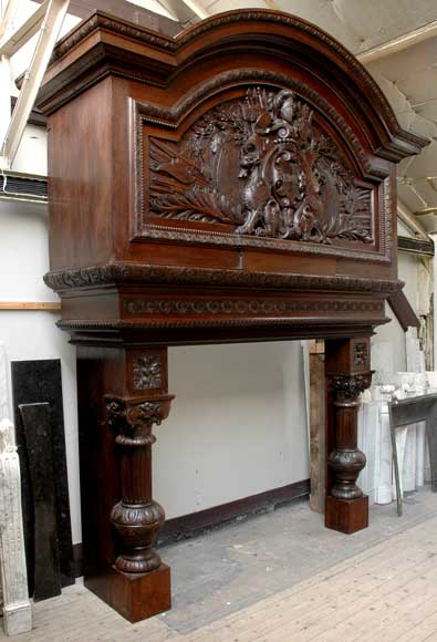 Large Oak antique mantel with Hood from a Chateau Large Oak antique mantel with Hood from a Chateau-0