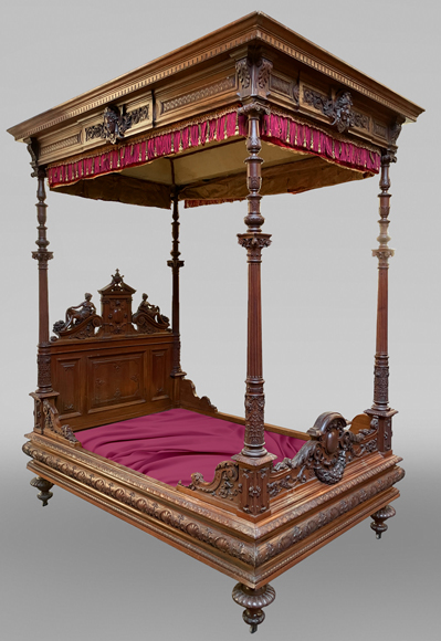 Jean-Paul MAZAROS (1823-1900), Neo-Renaissance four-poster bed in carved walnut Jean-Paul MAZAROS (1823-1900), Neo-Renaissance four-poster bed in carved walnut-0