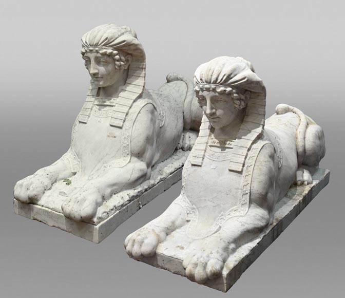 Pair of Sculpted Carrara Marble Sphinxes, 19th Century Pair of Sculpted Carrara Marble Sphinxes, 19th Century-0