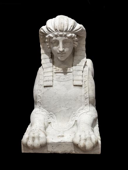 Pair of Sculpted Carrara Marble Sphinxes, 19th Century Pair of Sculpted Carrara Marble Sphinxes, 19th Century-1