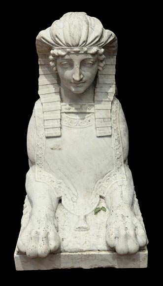 Pair of Sculpted Carrara Marble Sphinxes, 19th Century Pair of Sculpted Carrara Marble Sphinxes, 19th Century-2