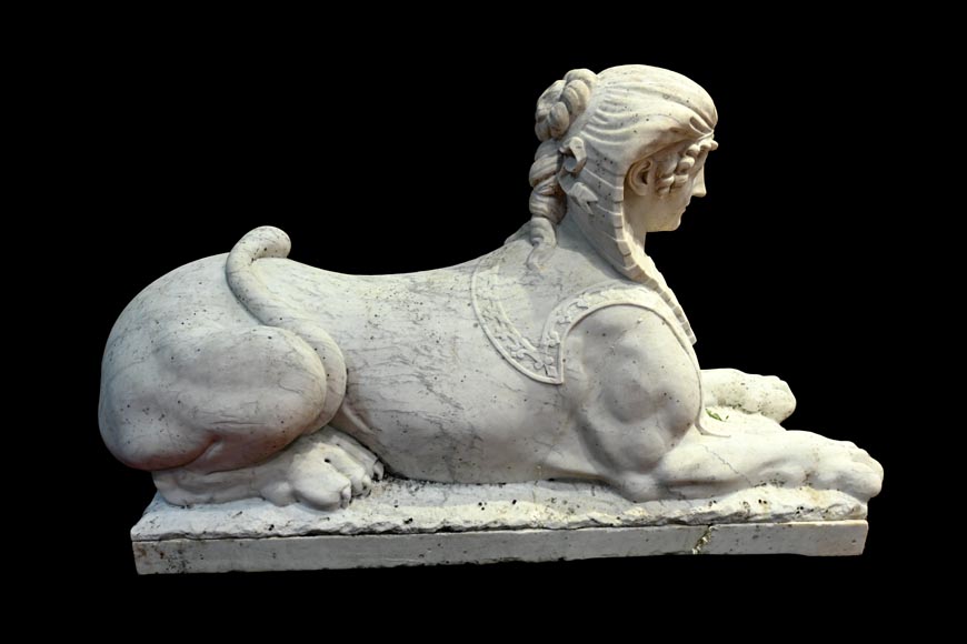Pair of Sculpted Carrara Marble Sphinxes, 19th Century Pair of Sculpted Carrara Marble Sphinxes, 19th Century-3