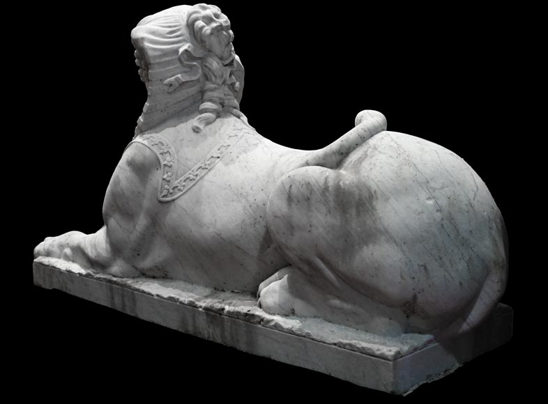 Pair of Sculpted Carrara Marble Sphinxes, 19th Century Pair of Sculpted Carrara Marble Sphinxes, 19th Century-4