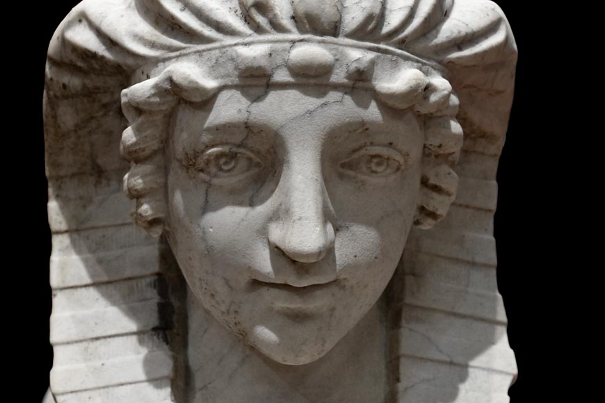 Pair of Sculpted Carrara Marble Sphinxes, 19th Century Pair of Sculpted Carrara Marble Sphinxes, 19th Century-5
