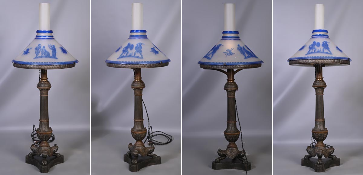 Napoleon III period lamp with engraved glass shade in Greek Revival style Napoleon III period lamp with engraved glass shade in Greek Revival style-1