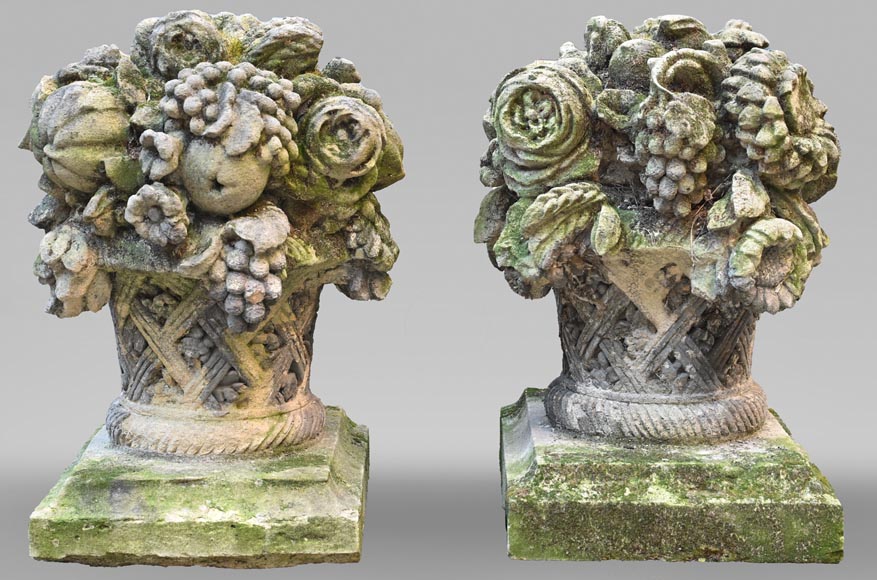 Pair of stone flower baskets Pair of stone flower baskets-0