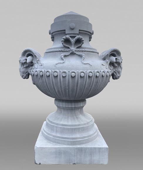 Large carved stone vase, Louis XVI style, adorned with ram heads Large carved stone vase, Louis XVI style, adorned with ram heads-0