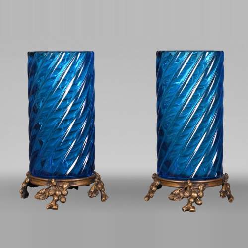 Signed Pair of Blue BACCARAT Crystal Vases with Gilt Bronze Mounts – Late 19th Century