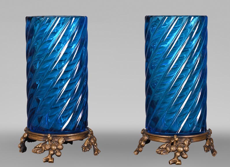 Signed Pair of Blue BACCARAT Crystal Vases with Gilt Bronze Mounts – Late 19th Century Signed Pair of Blue BACCARAT Crystal Vases with Gilt Bronze Mounts – Late 19th Century-0