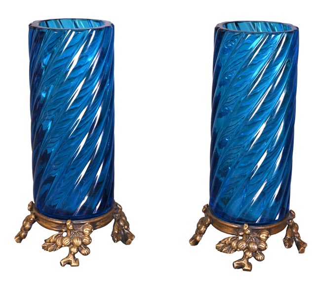 Signed Pair of Blue BACCARAT Crystal Vases with Gilt Bronze Mounts – Late 19th Century Signed Pair of Blue BACCARAT Crystal Vases with Gilt Bronze Mounts – Late 19th Century-1