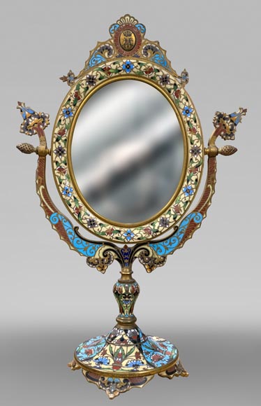 Gilt Bronze and Champlevé Enamel Table Mirror, Signed Gilt Bronze and Champlevé Enamel Table Mirror, Signed