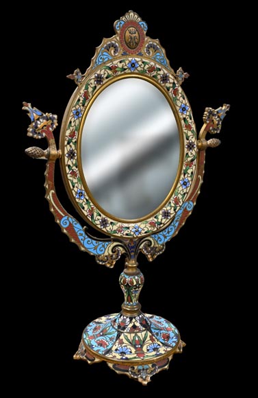 Gilt Bronze and Champlevé Enamel Table Mirror, Signed Gilt Bronze and Champlevé Enamel Table Mirror, Signed
