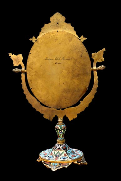 Gilt Bronze and Champlevé Enamel Table Mirror, Signed Gilt Bronze and Champlevé Enamel Table Mirror, Signed