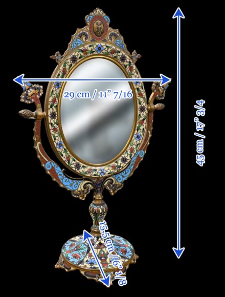 Gilt Bronze and Champlevé Enamel Table Mirror, Signed Gilt Bronze and Champlevé Enamel Table Mirror, Signed