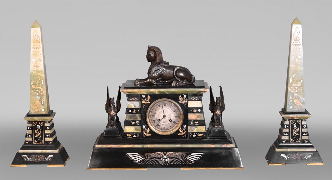 Egyptian Revival mantel garniture in black marble, green onyx, and gilt bronze Egyptian Revival mantel garniture in black marble, green onyx, and gilt bronze-0