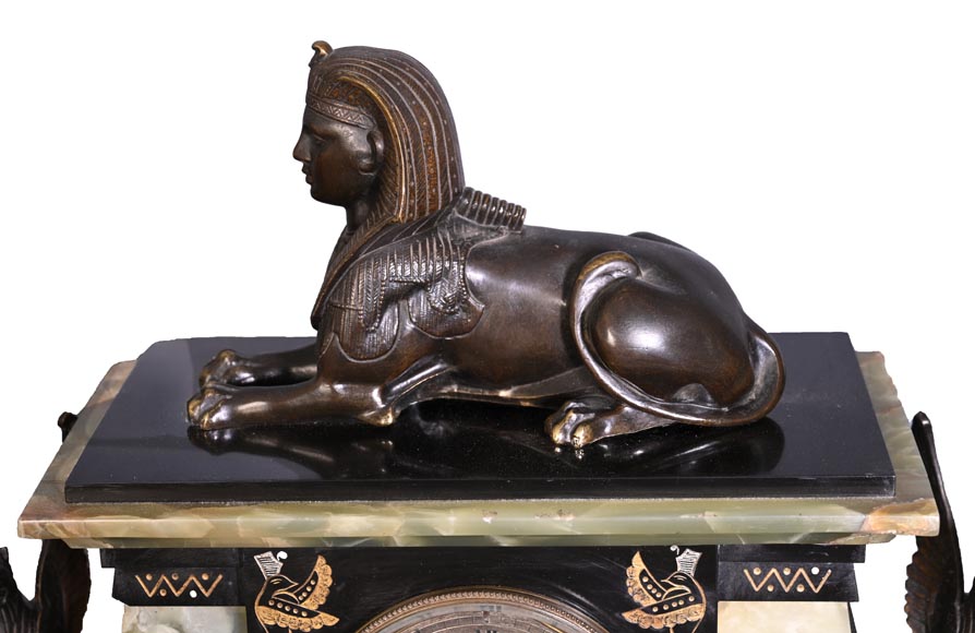 Egyptian Revival mantel garniture in black marble, green onyx, and gilt bronze Egyptian Revival mantel garniture in black marble, green onyx, and gilt bronze-1