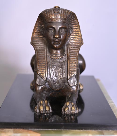 Egyptian Revival mantel garniture in black marble, green onyx, and gilt bronze Egyptian Revival mantel garniture in black marble, green onyx, and gilt bronze-5