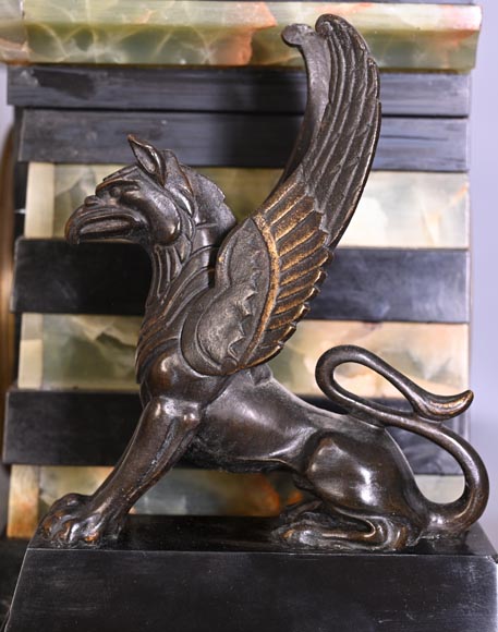 Egyptian Revival mantel garniture in black marble, green onyx, and gilt bronze Egyptian Revival mantel garniture in black marble, green onyx, and gilt bronze-6