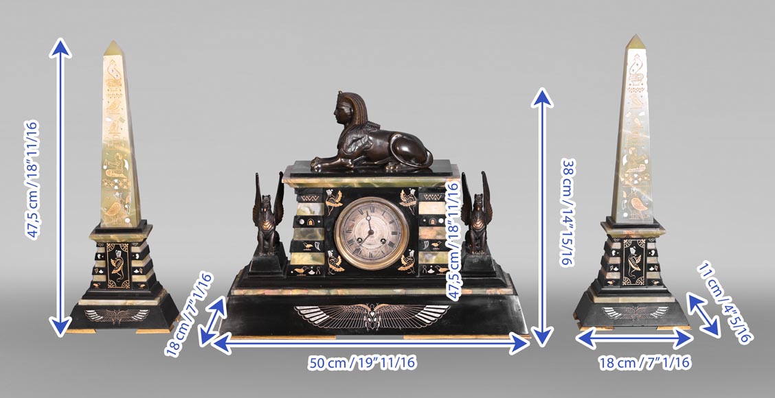 Egyptian Revival mantel garniture in black marble, green onyx, and gilt bronze Egyptian Revival mantel garniture in black marble, green onyx, and gilt bronze-14