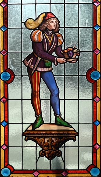 Double stained glass window in neo-Renaissance style depicting two figures with offerings Double stained glass window in neo-Renaissance style depicting two figures with offerings-1