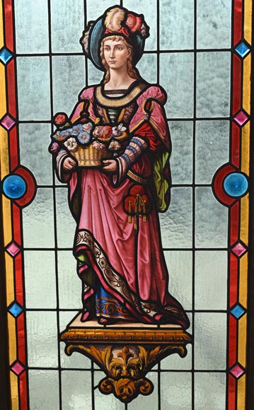 Double stained glass window in neo-Renaissance style depicting two figures with offerings Double stained glass window in neo-Renaissance style depicting two figures with offerings-2