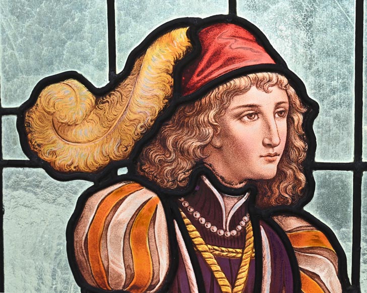 Double stained glass window in neo-Renaissance style depicting two figures with offerings Double stained glass window in neo-Renaissance style depicting two figures with offerings-3