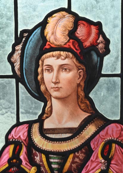 Double stained glass window in neo-Renaissance style depicting two figures with offerings Double stained glass window in neo-Renaissance style depicting two figures with offerings-4