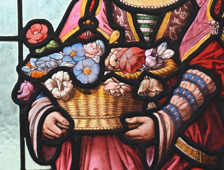 Double stained glass window in neo-Renaissance style depicting two figures with offerings Double stained glass window in neo-Renaissance style depicting two figures with offerings-6