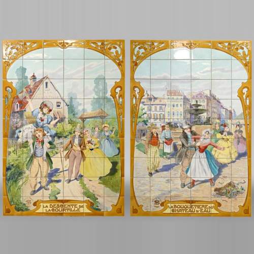 FAÏENCERIE DE SARREGUEMINES, Two Ceramic Panels of Parisian Scenes, from 1881