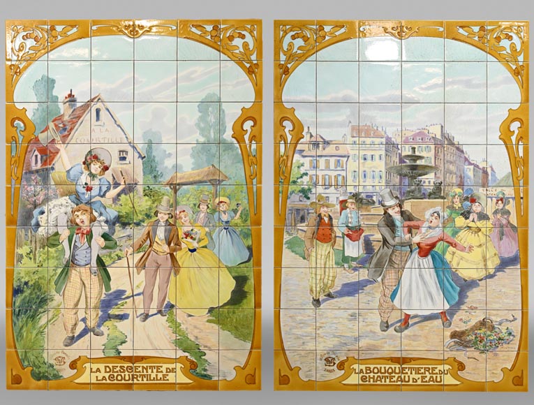 FAÏENCERIE DE SARREGUEMINES, Two Ceramic Panels of Parisian Scenes, from 1881 FAÏENCERIE DE SARREGUEMINES, Two Ceramic Panels of Parisian Scenes, from 1881-0