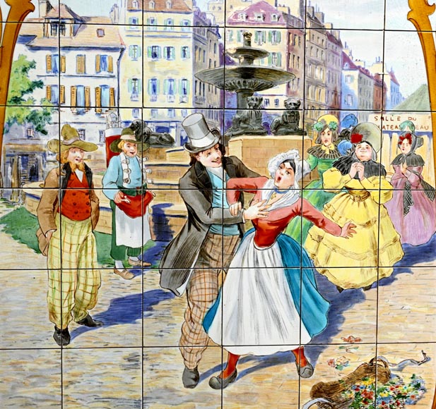 FAÏENCERIE DE SARREGUEMINES, Two Ceramic Panels of Parisian Scenes, from 1881 FAÏENCERIE DE SARREGUEMINES, Two Ceramic Panels of Parisian Scenes, from 1881-3