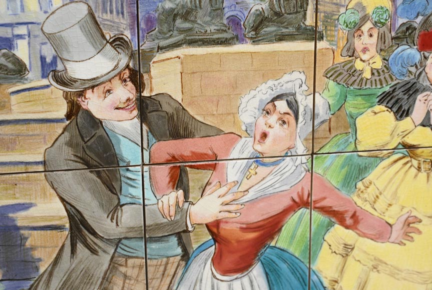 FAÏENCERIE DE SARREGUEMINES, Two Ceramic Panels of Parisian Scenes, from 1881 FAÏENCERIE DE SARREGUEMINES, Two Ceramic Panels of Parisian Scenes, from 1881-9