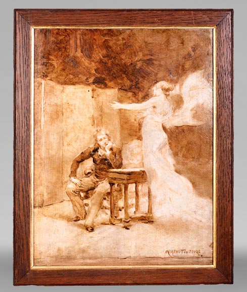 GEORGES MOREAU DE TOURS – The Painter and His Muse, signed grisaille painting GEORGES MOREAU DE TOURS – The Painter and His Muse, signed grisaille painting-0