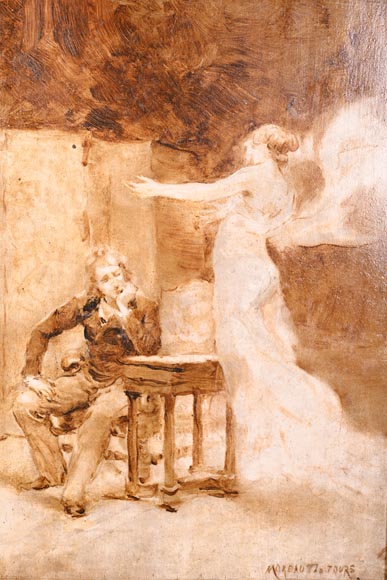 GEORGES MOREAU DE TOURS – The Painter and His Muse, signed grisaille painting GEORGES MOREAU DE TOURS – The Painter and His Muse, signed grisaille painting-1