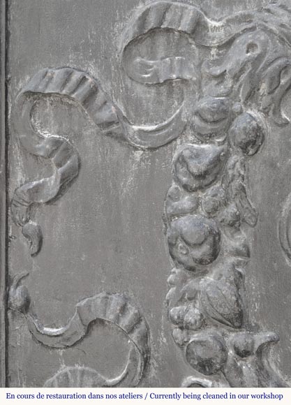 Napoleon III style fireback with a stylized fleur-de-lis, surrounded by a wreath of plants Napoleon III style fireback with a stylized fleur-de-lis, surrounded by a wreath of plants-3