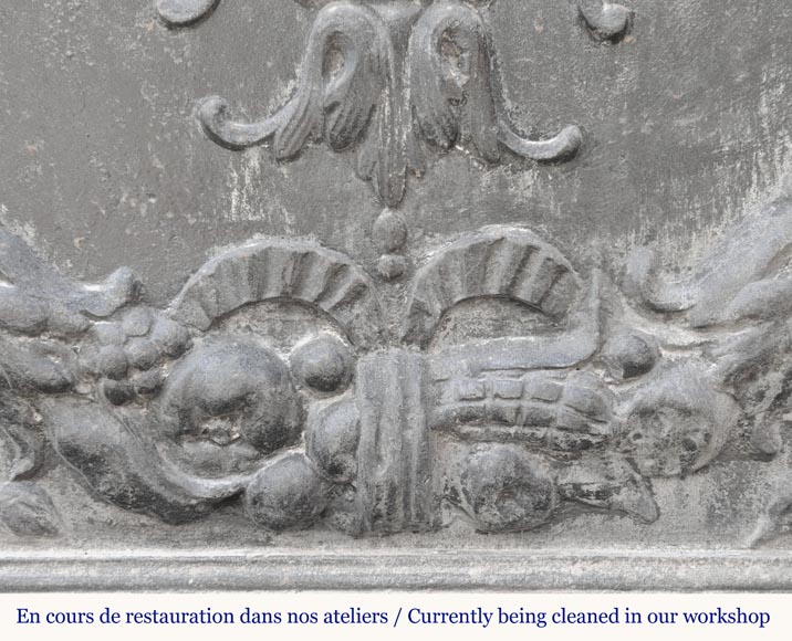 Napoleon III style fireback with a stylized fleur-de-lis, surrounded by a wreath of plants Napoleon III style fireback with a stylized fleur-de-lis, surrounded by a wreath of plants-5