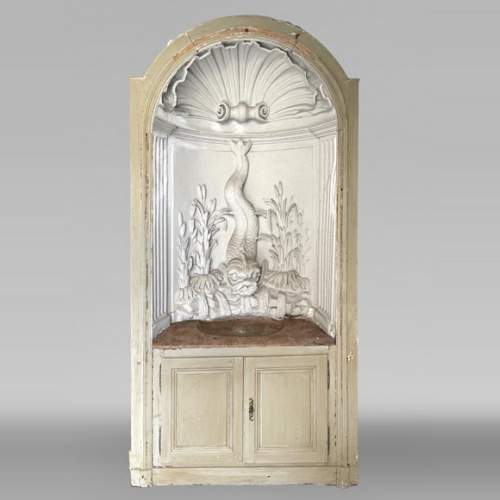 Indoor Fountain with Dolphin Motif – Carved Stuccowork and Corton Marble Stone, 18th Century