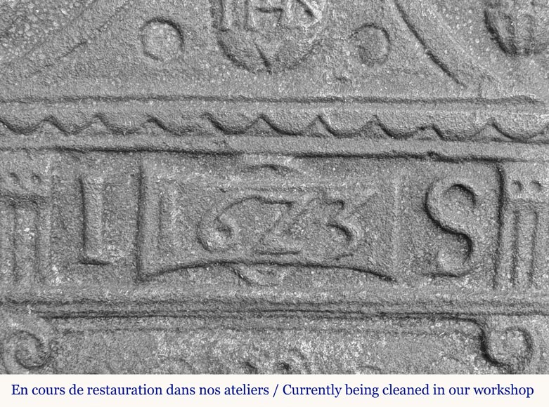 Cast iron fireback in a semicircle, dated 1623 Cast iron fireback in a semicircle, dated 1623-2