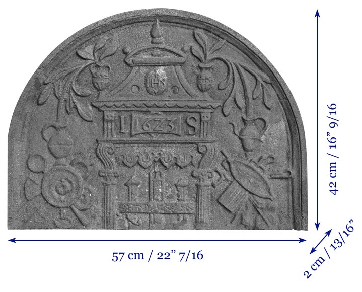 Cast iron fireback in a semicircle, dated 1623 Cast iron fireback in a semicircle, dated 1623-7