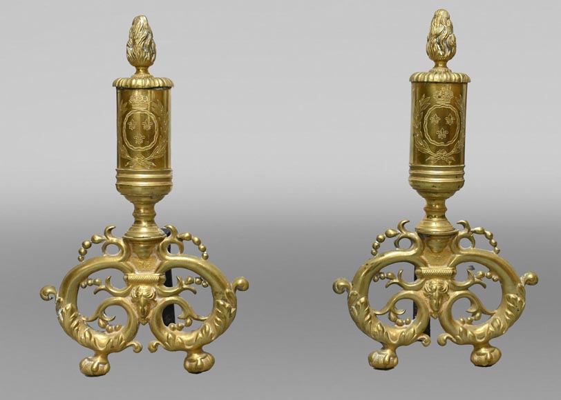 Pair of gilt bronze andirons, Restoration style, early 19th century Pair of gilt bronze andirons, Restoration style, early 19th century-0