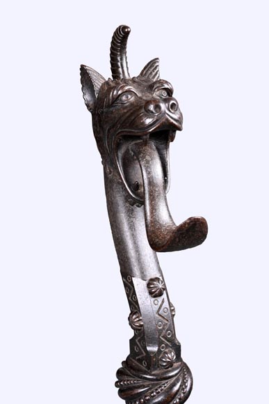 E. LARCHEVÊQUE, pair of wrought iron fire dogs with dragon heads E. LARCHEVÊQUE, pair of wrought iron fire dogs with dragon heads-2