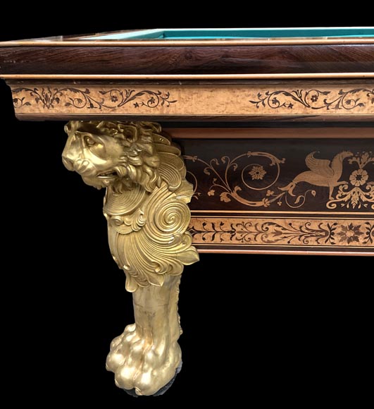 PORET AND PANNETIER, French billiard table in the Louis-Philippe style with rich marquetry decoration, resting on six gilt bronze lion's feet PORET AND PANNETIER, French billiard table in the Louis-Philippe style with rich marquetry decoration, resting on six gilt bronze lion's feet-7