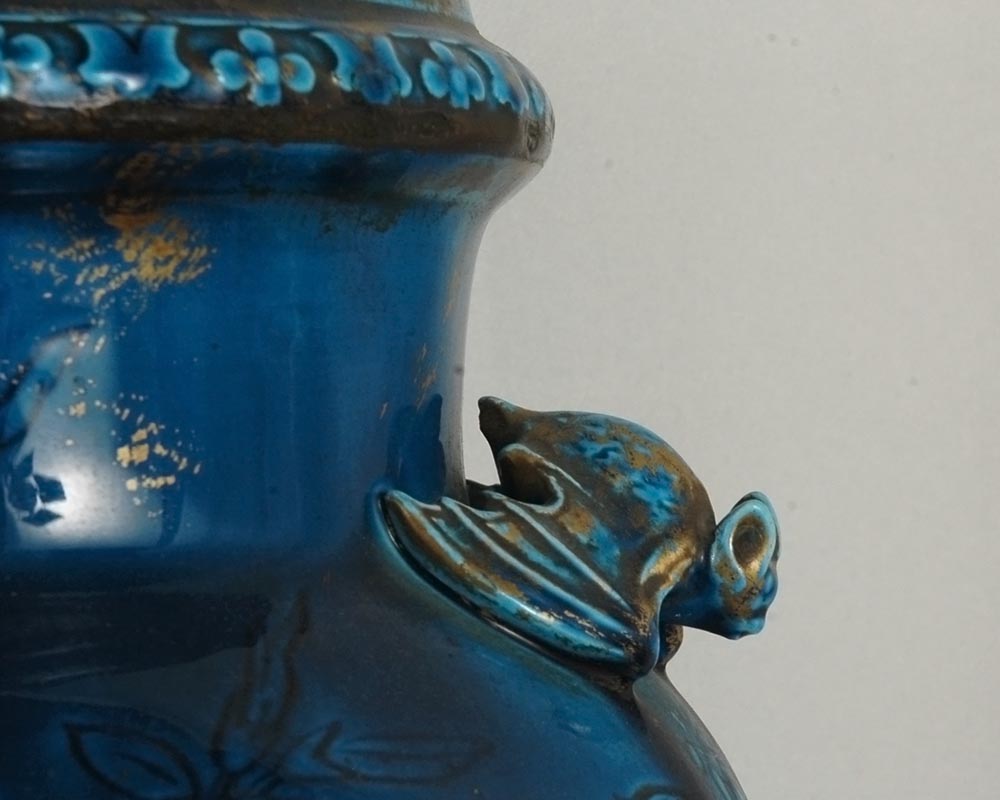 Longwy faience: pair of vases on a wood base Longwy faience: pair of vases on a wood base-2