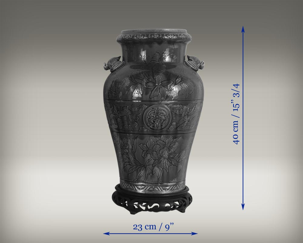 Longwy faience: pair of vases on a wood base Longwy faience: pair of vases on a wood base-5