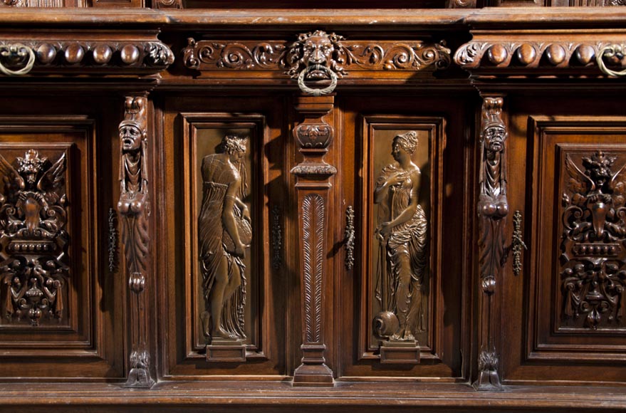 Large Neo-Troubadour buffet made out of carved walnut with bronze low-reliefs signed by Ferdinand Barbedienne Large Neo-Troubadour buffet made out of carved walnut with bronze low-reliefs signed by Ferdinand Barbedienne-5