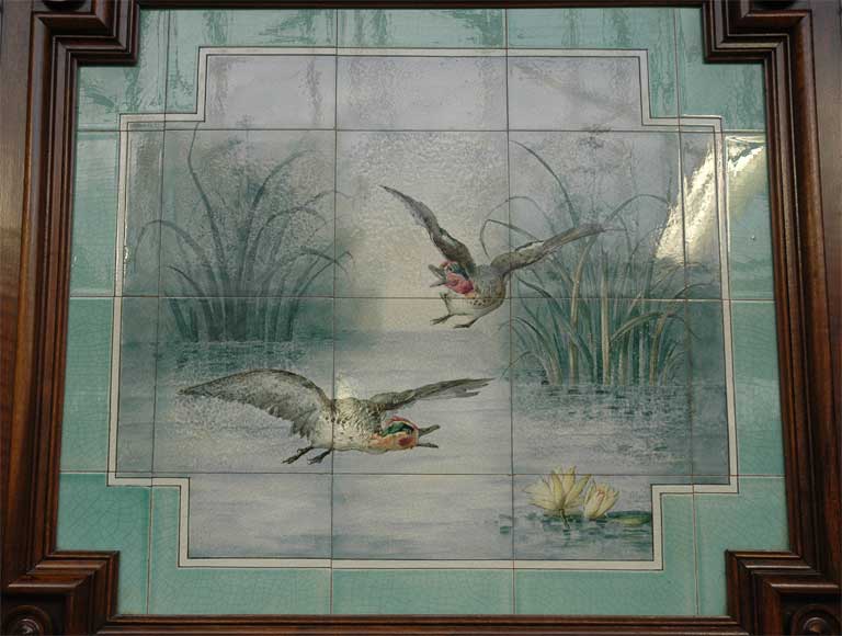 Antique walnut mantel with ceramic from the 19th century Antique walnut mantel with ceramic from the 19th century-1