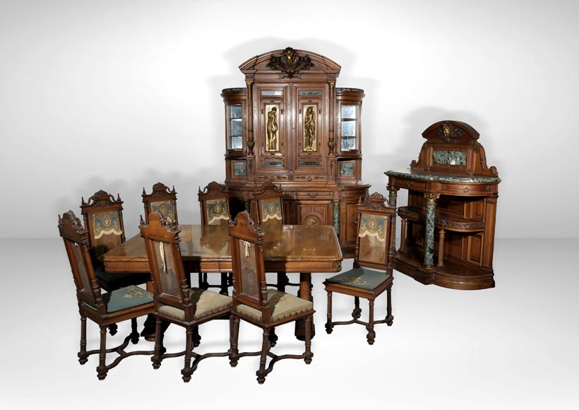 Eugène Frager, Meynard Manufacture (cabinetmaker), Ferdinand Barbedienne (bronze manufacturer), Louis-Constant Sevin (ornemanist) - Exceptional Neo-Renaissance style dining room set made out of carved walnut Eugène Frager, Meynard Manufacture (cabinetmaker), Ferdinand Barbedienne (bronze manufacturer), Louis-Constant Sevin (ornemanist) - Exceptional Neo-Renaissance style dining room set made out of carved walnut-0
