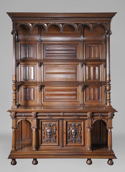 Large antique Neo-Gothic style carved walnut dresser with Satyrs decor Large antique Neo-Gothic style carved walnut dresser with Satyrs decor-0