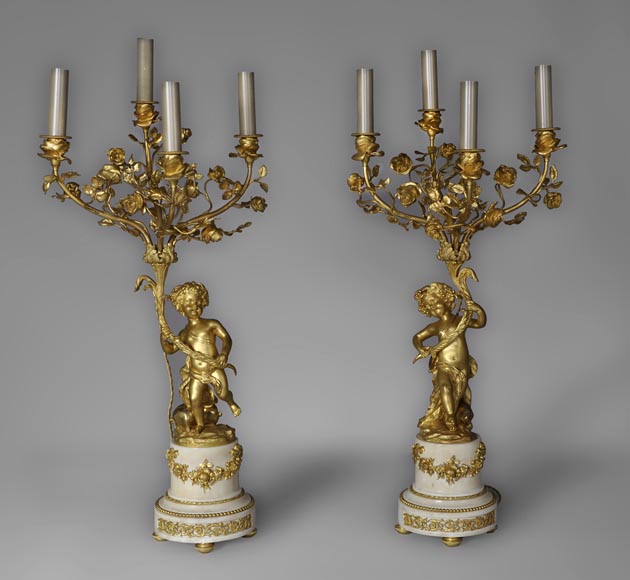 Beautiful antique pair of candelabras made out of Statuary Carrara marble and gilded bronze with putti and roses decor Beautiful antique pair of candelabras made out of Statuary Carrara marble and gilded bronze with putti and roses decor-0
